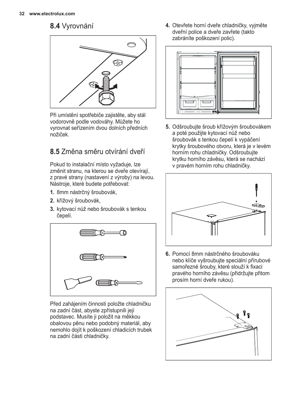 4 vyrovnání, 5 změna směru otvírání dveří | Electrolux EN2401AOX User Manual | Page 32 / 128
