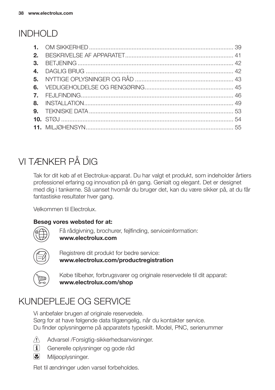 Vi tænker på dig, Kundepleje og service, Indhold | Electrolux EN2401AOX User Manual | Page 38 / 128