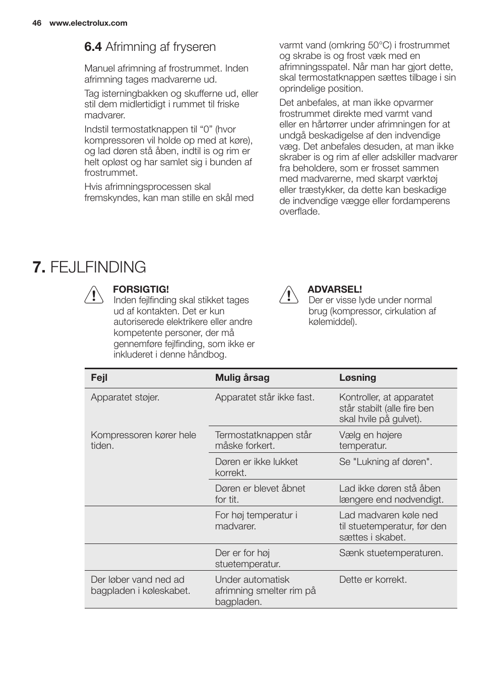 Fejlfinding, 4 afrimning af fryseren | Electrolux EN2401AOX User Manual | Page 46 / 128