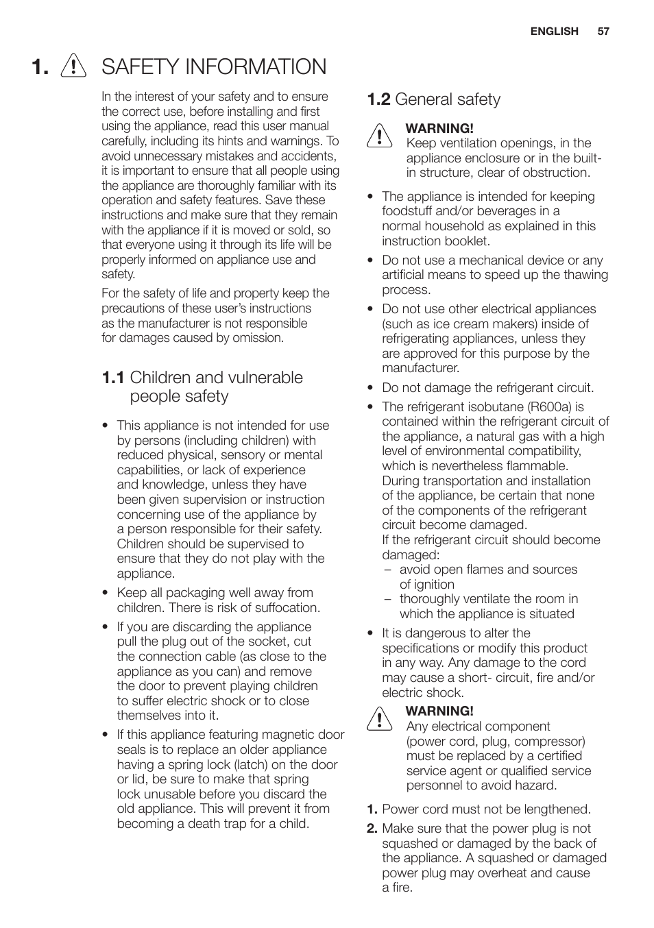 Safety information, 1 children and vulnerable people safety, 2 general safety | Electrolux EN2401AOX User Manual | Page 57 / 128
