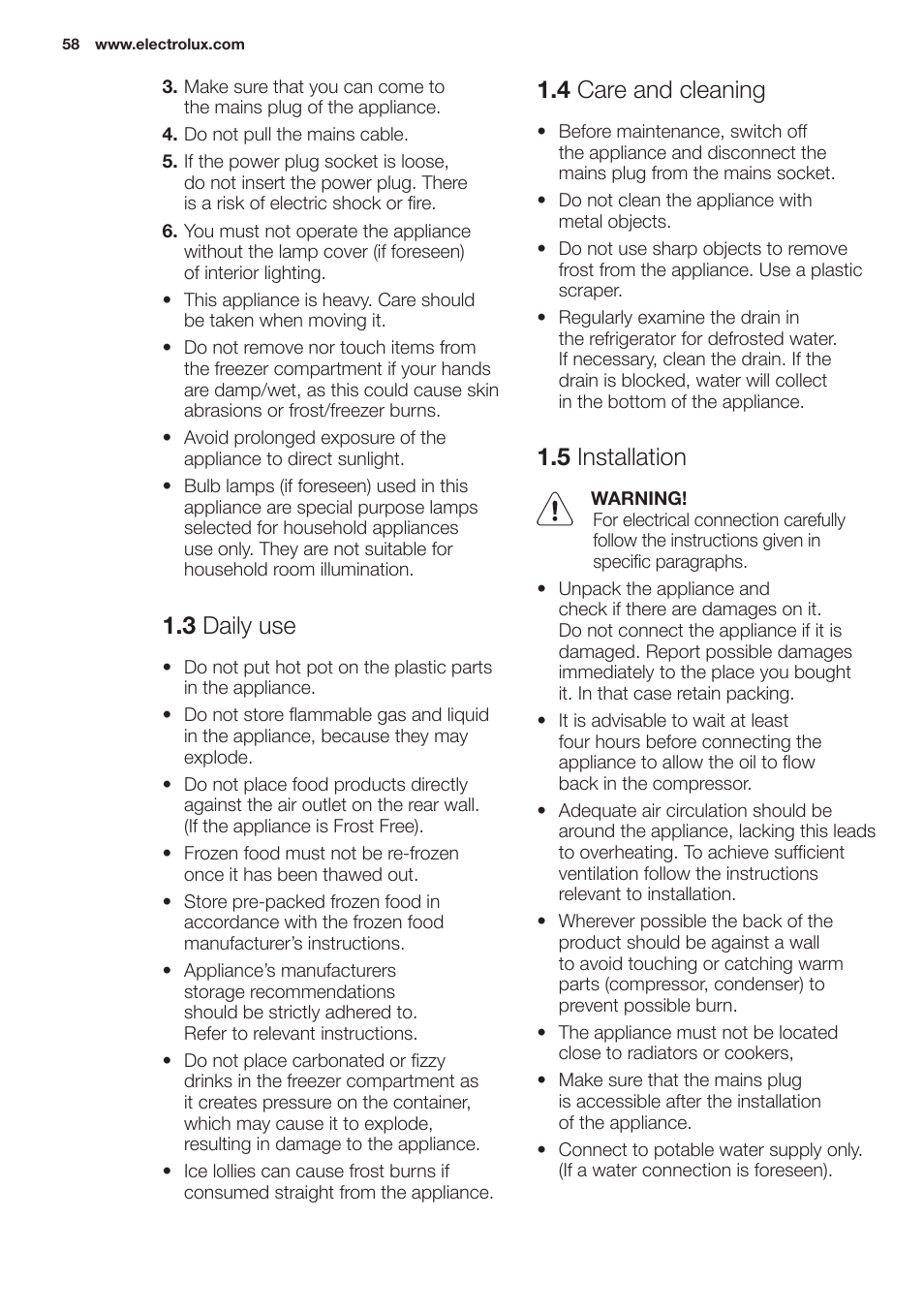 3 daily use, 4 care and cleaning, 5 installation | Electrolux EN2401AOX User Manual | Page 58 / 128