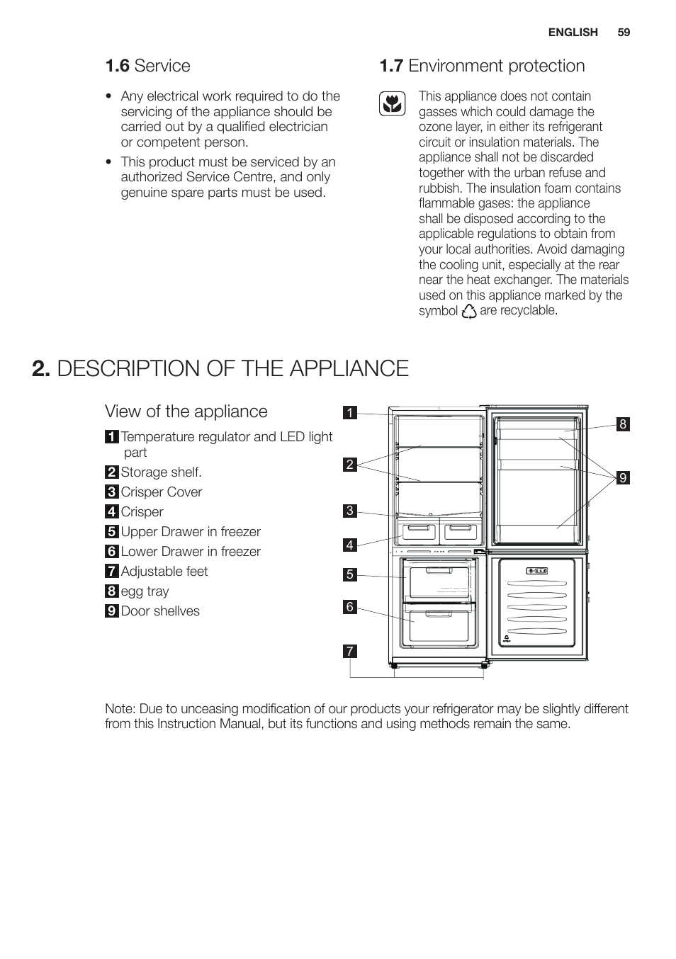 Description of the appliance, 6 service, 7 environment protection | View of the appliance | Electrolux EN2401AOX User Manual | Page 59 / 128