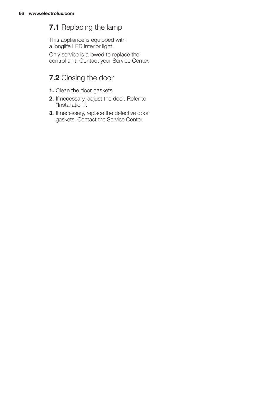 1 replacing the lamp, 2 closing the door | Electrolux EN2401AOX User Manual | Page 66 / 128