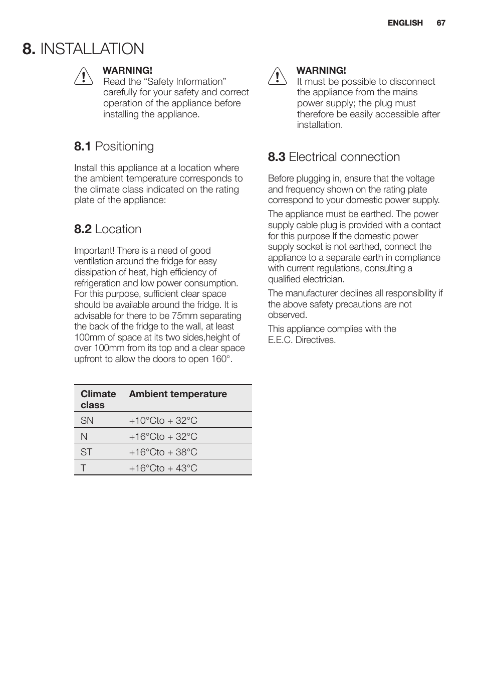 Installation, 1 positioning, 2 location | 3 electrical connection | Electrolux EN2401AOX User Manual | Page 67 / 128