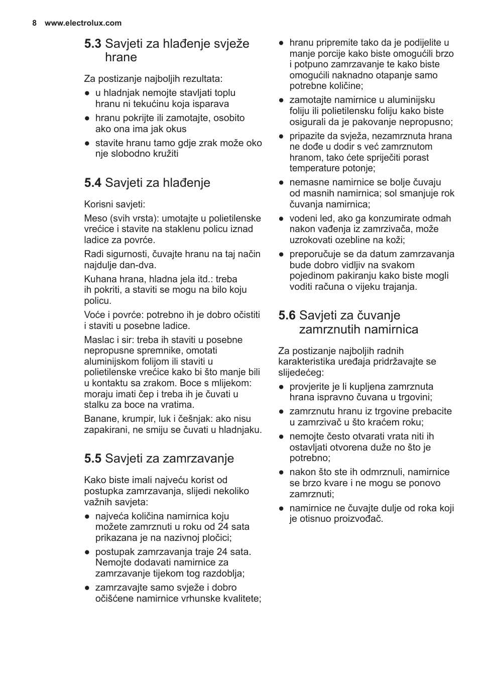 3 savjeti za hlađenje svježe hrane, 4 savjeti za hlađenje, 5 savjeti za zamrzavanje | 6 savjeti za čuvanje zamrznutih namirnica | Electrolux EN2401AOX User Manual | Page 8 / 128