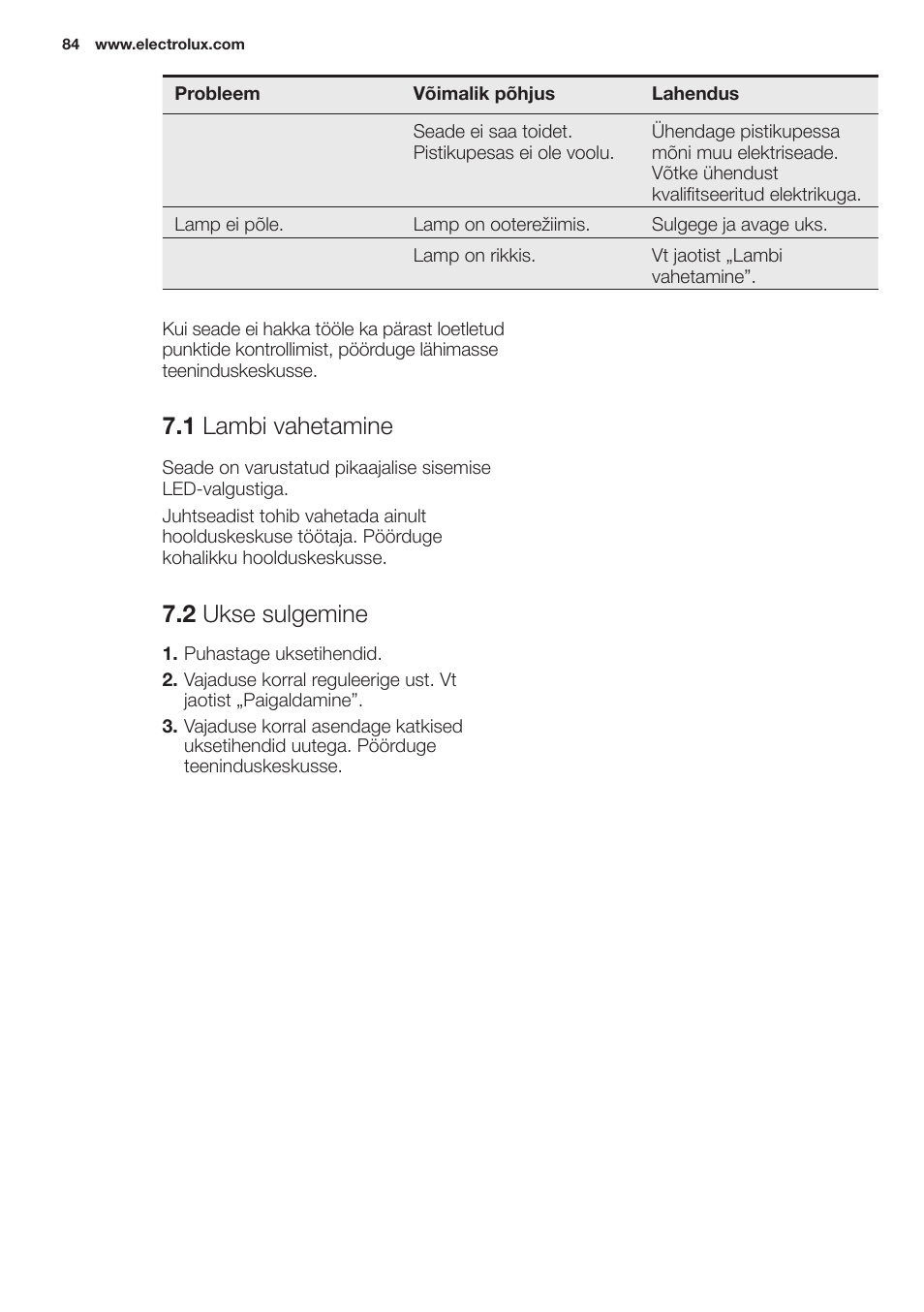 1 lambi.vahetamine, 2 ukse.sulgemine | Electrolux EN2401AOX User Manual | Page 84 / 128