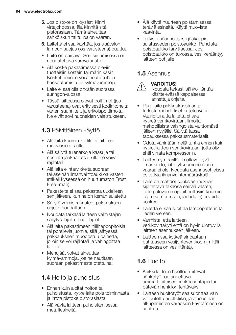 3 päivittäinen käyttö, 4 hoito ja puhdistus, 5 asennus | 6 huolto | Electrolux EN2401AOX User Manual | Page 94 / 128
