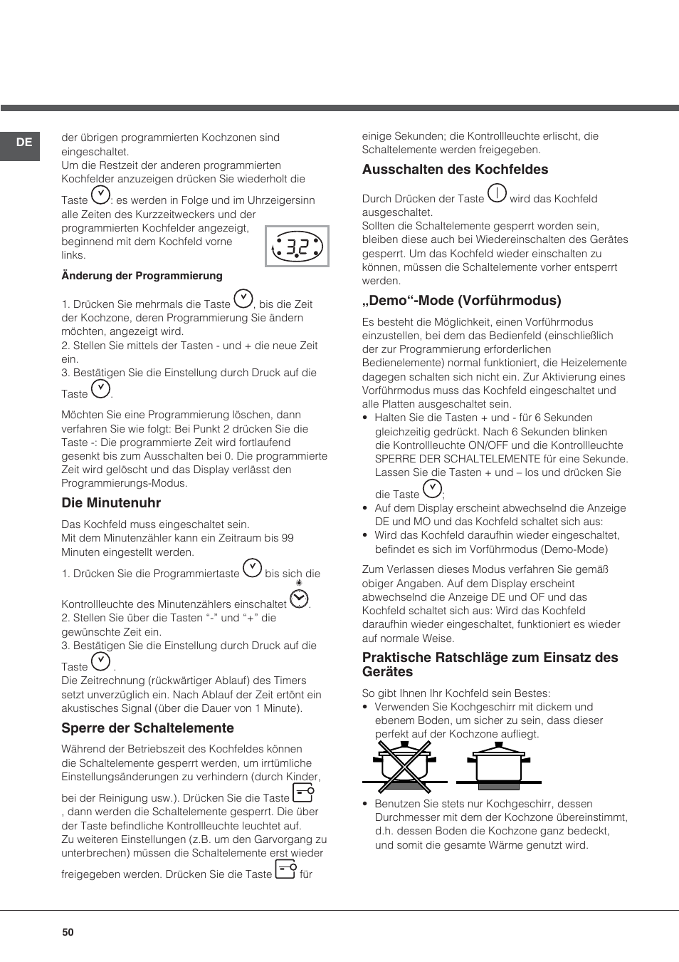 Die minutenuhr, Sperre der schaltelemente, Ausschalten des kochfeldes | Demo“-mode (vorführmodus), Praktische ratschläge zum einsatz des gerätes | Hotpoint Ariston KRO 642 TO B User Manual | Page 50 / 84