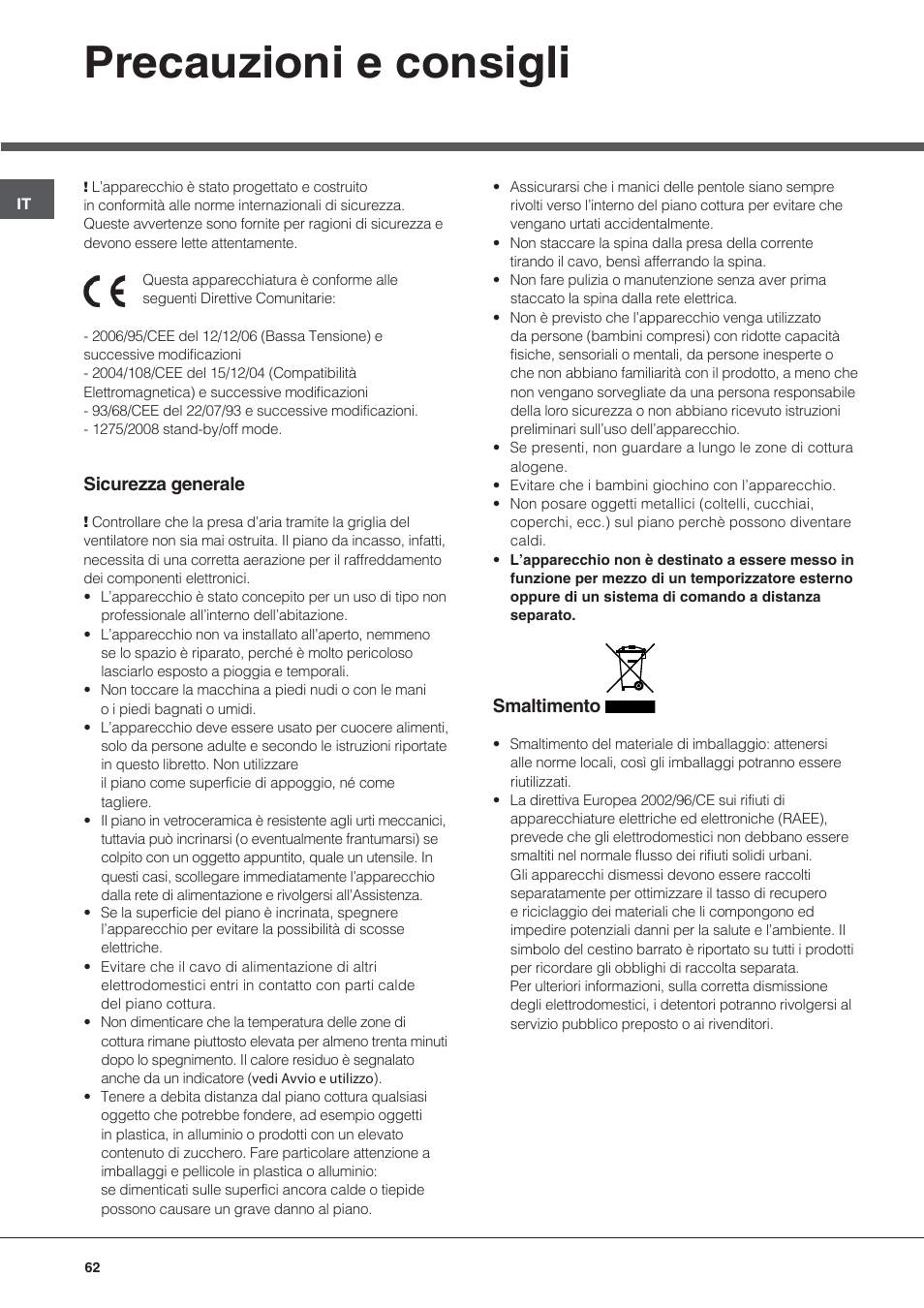 Precauzioni e consigli | Hotpoint Ariston KRO 642 TO B User Manual | Page 62 / 84