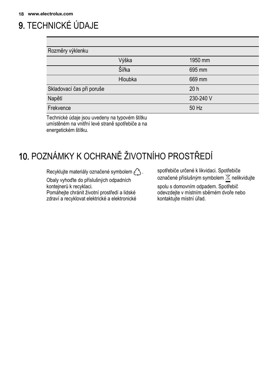 Technické údaje, Poznámky k ochraně životního prostředí | Electrolux ENF4451AOX User Manual | Page 18 / 76