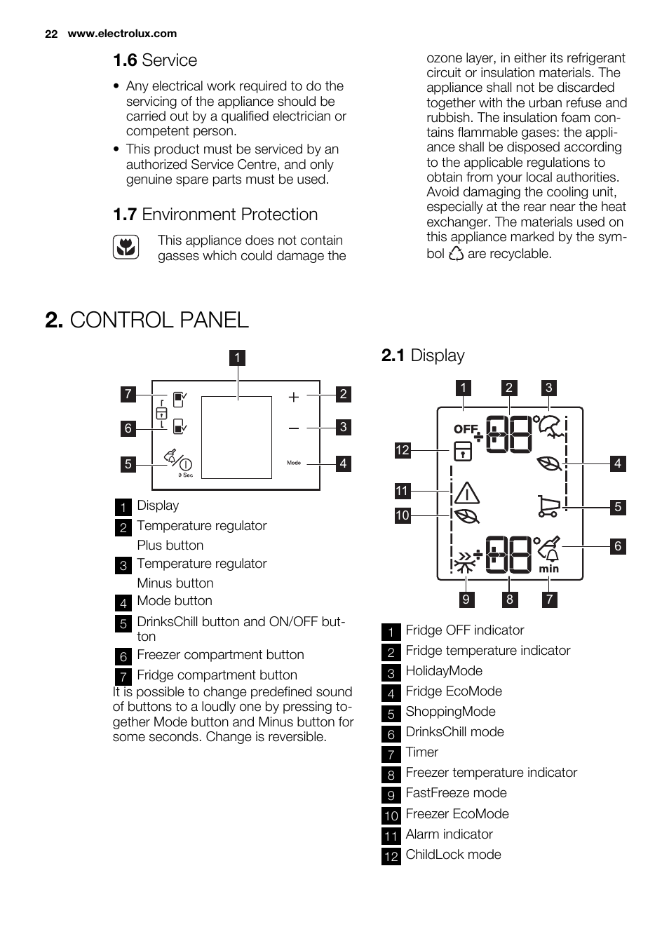 Control panel, 6 service, 7 environment protection | 1 display | Electrolux ENF4451AOX User Manual | Page 22 / 76