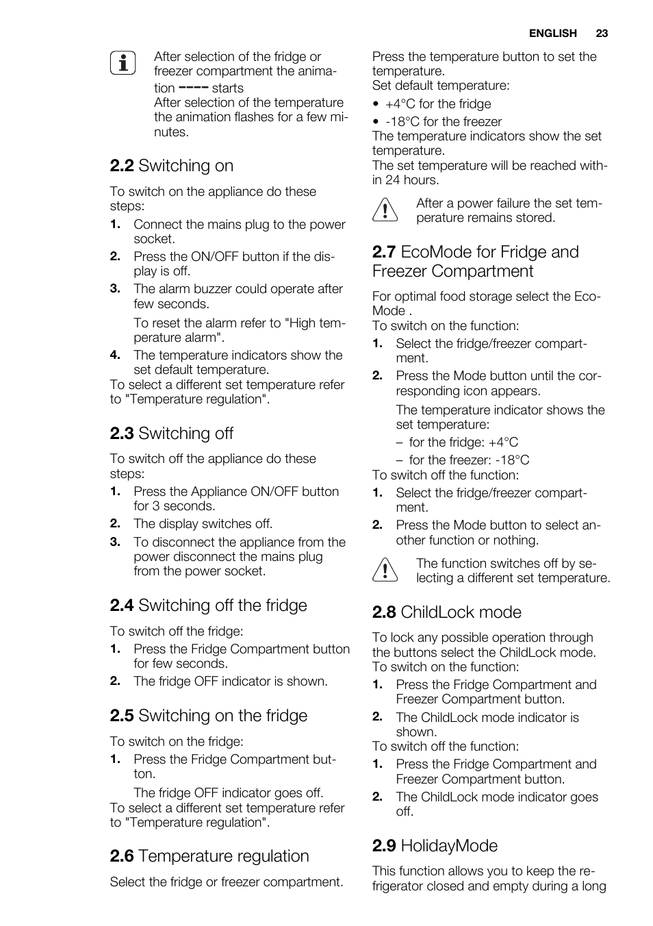 2 switching on, 3 switching off, 4 switching off the fridge | 5 switching on the fridge, 6 temperature regulation, 7 ecomode for fridge and freezer compartment, 8 childlock mode, 9 holidaymode | Electrolux ENF4451AOX User Manual | Page 23 / 76