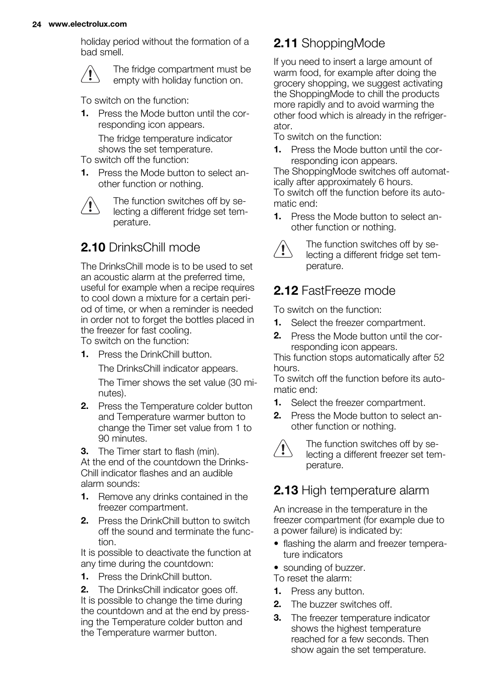 10 drinkschill mode, 11 shoppingmode, 12 fastfreeze mode | 13 high temperature alarm | Electrolux ENF4451AOX User Manual | Page 24 / 76