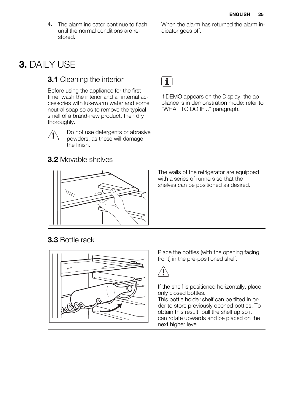 Daily use, 1 cleaning the interior, 2 movable shelves | 3 bottle rack | Electrolux ENF4451AOX User Manual | Page 25 / 76