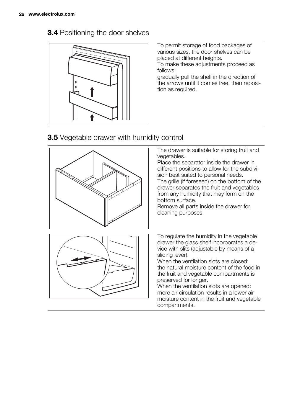 4 positioning the door shelves, 5 vegetable drawer with humidity control | Electrolux ENF4451AOX User Manual | Page 26 / 76