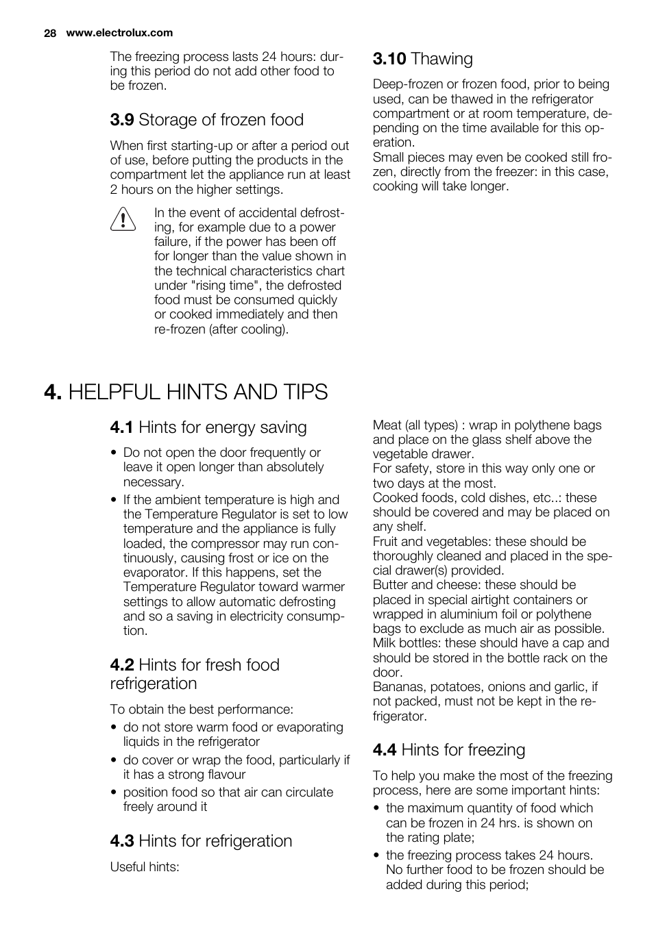 Helpful hints and tips, 9 storage of frozen food, 10 thawing | 1 hints for energy saving, 2 hints for fresh food refrigeration, 3 hints for refrigeration, 4 hints for freezing | Electrolux ENF4451AOX User Manual | Page 28 / 76