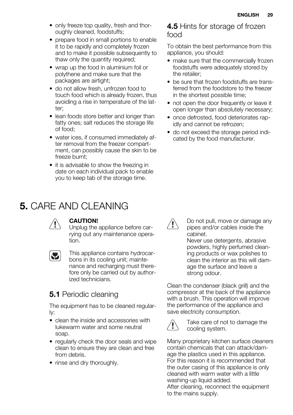 Care and cleaning, 5 hints for storage of frozen food, 1 periodic cleaning | Electrolux ENF4451AOX User Manual | Page 29 / 76