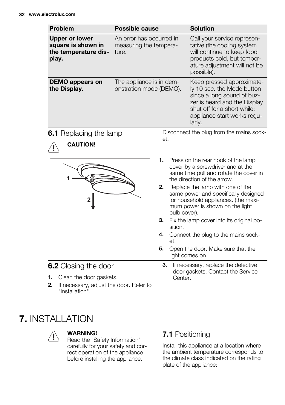 Installation, 1 replacing the lamp, 2 closing the door | 1 positioning | Electrolux ENF4451AOX User Manual | Page 32 / 76