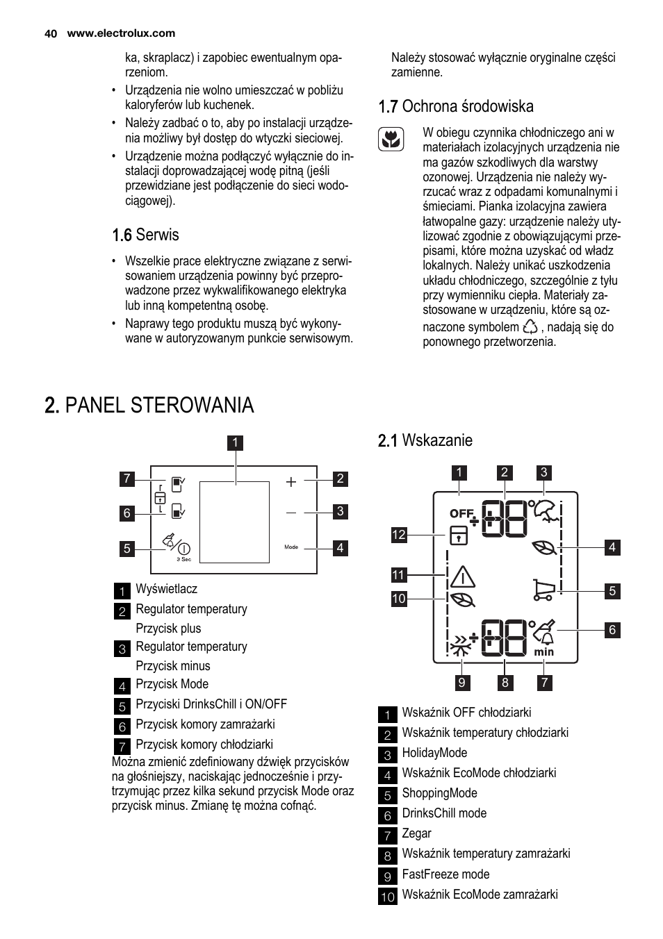 Panel sterowania, 6 serwis, 7 ochrona środowiska | 1 wskazanie | Electrolux ENF4451AOX User Manual | Page 40 / 76