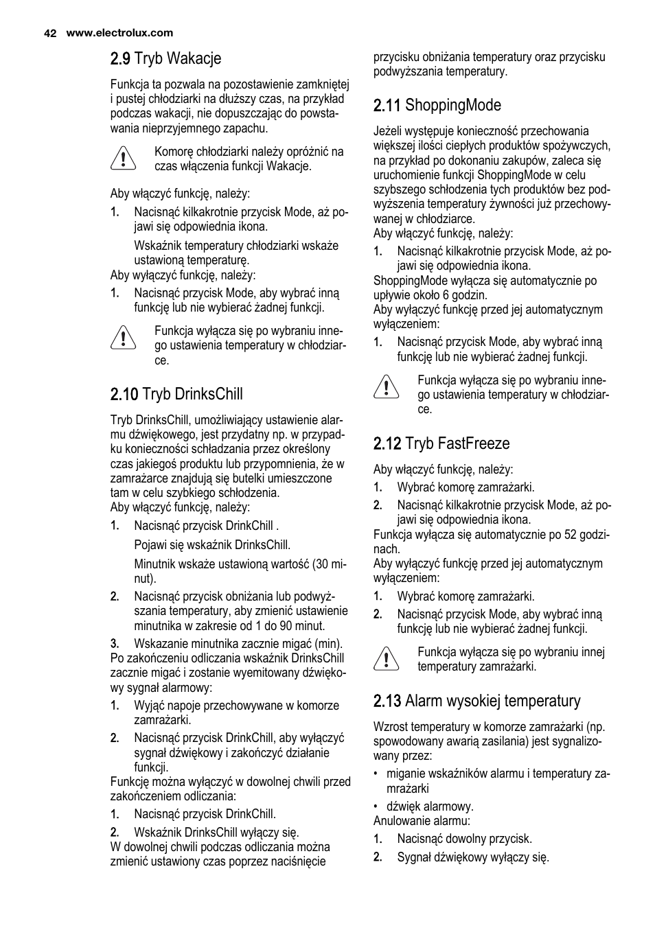 9 tryb wakacje, 10 tryb drinkschill, 11 shoppingmode | 12 tryb fastfreeze, 13 alarm wysokiej temperatury | Electrolux ENF4451AOX User Manual | Page 42 / 76