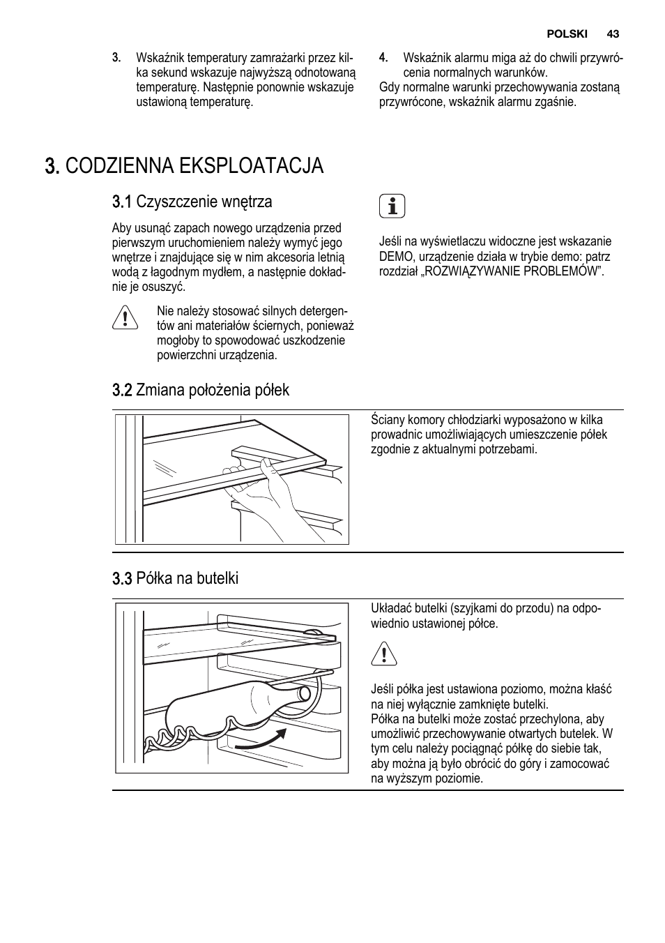 Codzienna eksploatacja, 1 czyszczenie wnętrza, 2 zmiana położenia półek | 3 półka na butelki | Electrolux ENF4451AOX User Manual | Page 43 / 76