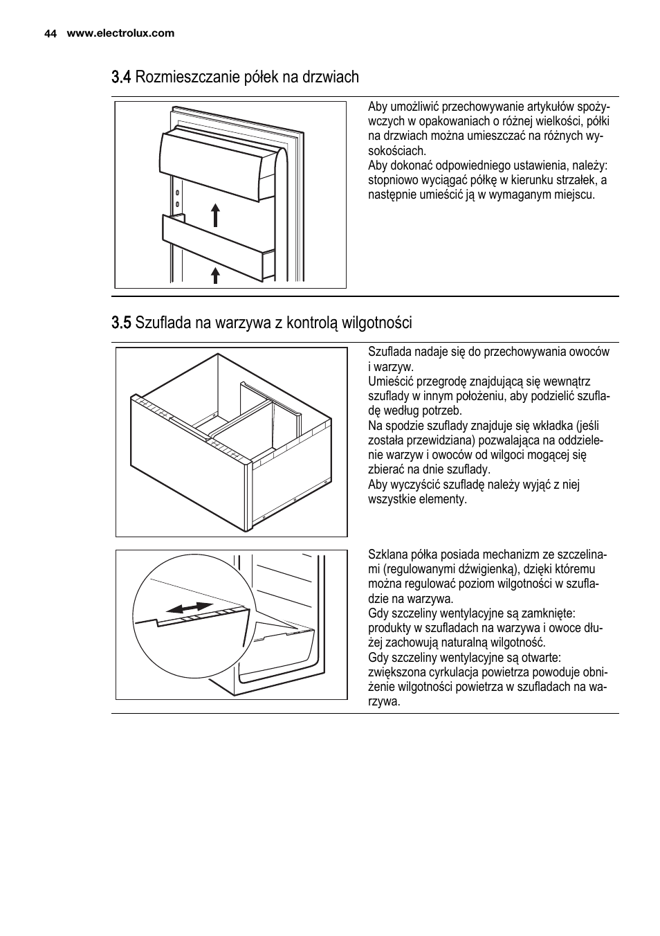 4 rozmieszczanie półek na drzwiach, 5 szuflada na warzywa z kontrolą wilgotności | Electrolux ENF4451AOX User Manual | Page 44 / 76