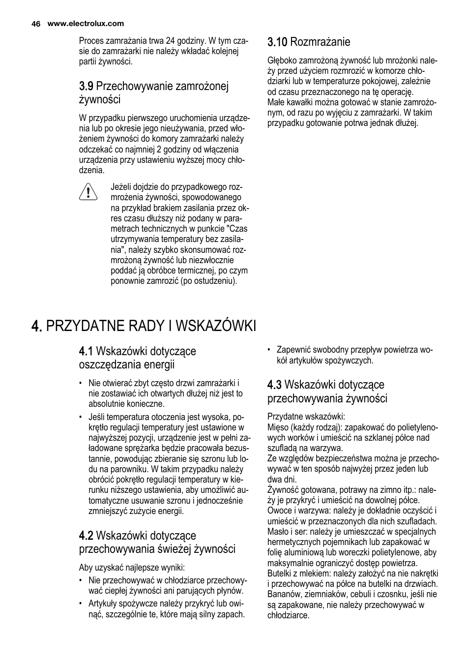 Przydatne rady i wskazówki, 9 przechowywanie zamrożonej żywności, 10 rozmrażanie | 1 wskazówki dotyczące oszczędzania energii, 3 wskazówki dotyczące przechowywania żywności | Electrolux ENF4451AOX User Manual | Page 46 / 76