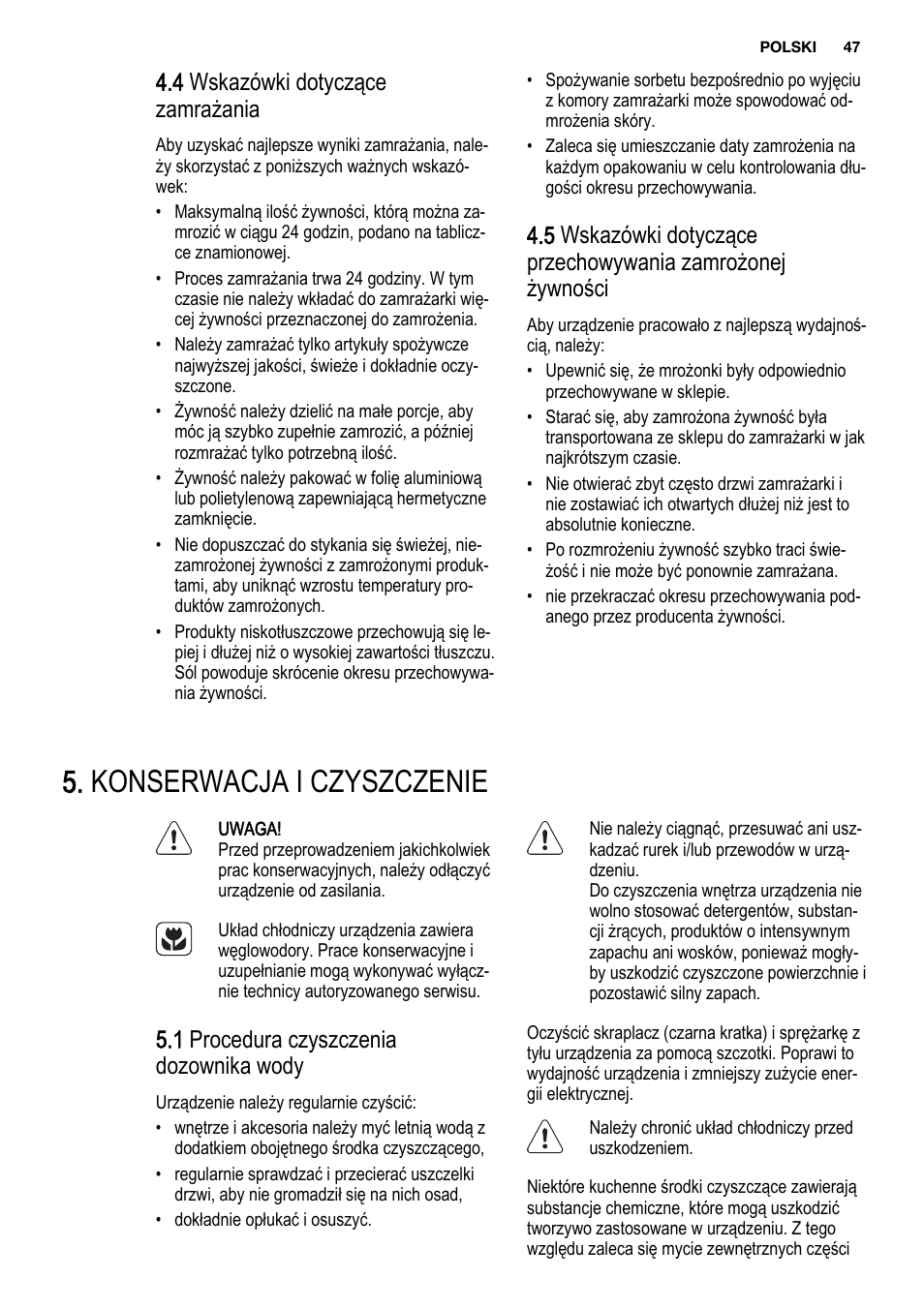 Konserwacja i czyszczenie, 4 wskazówki dotyczące zamrażania, 1 procedura czyszczenia dozownika wody | Electrolux ENF4451AOX User Manual | Page 47 / 76
