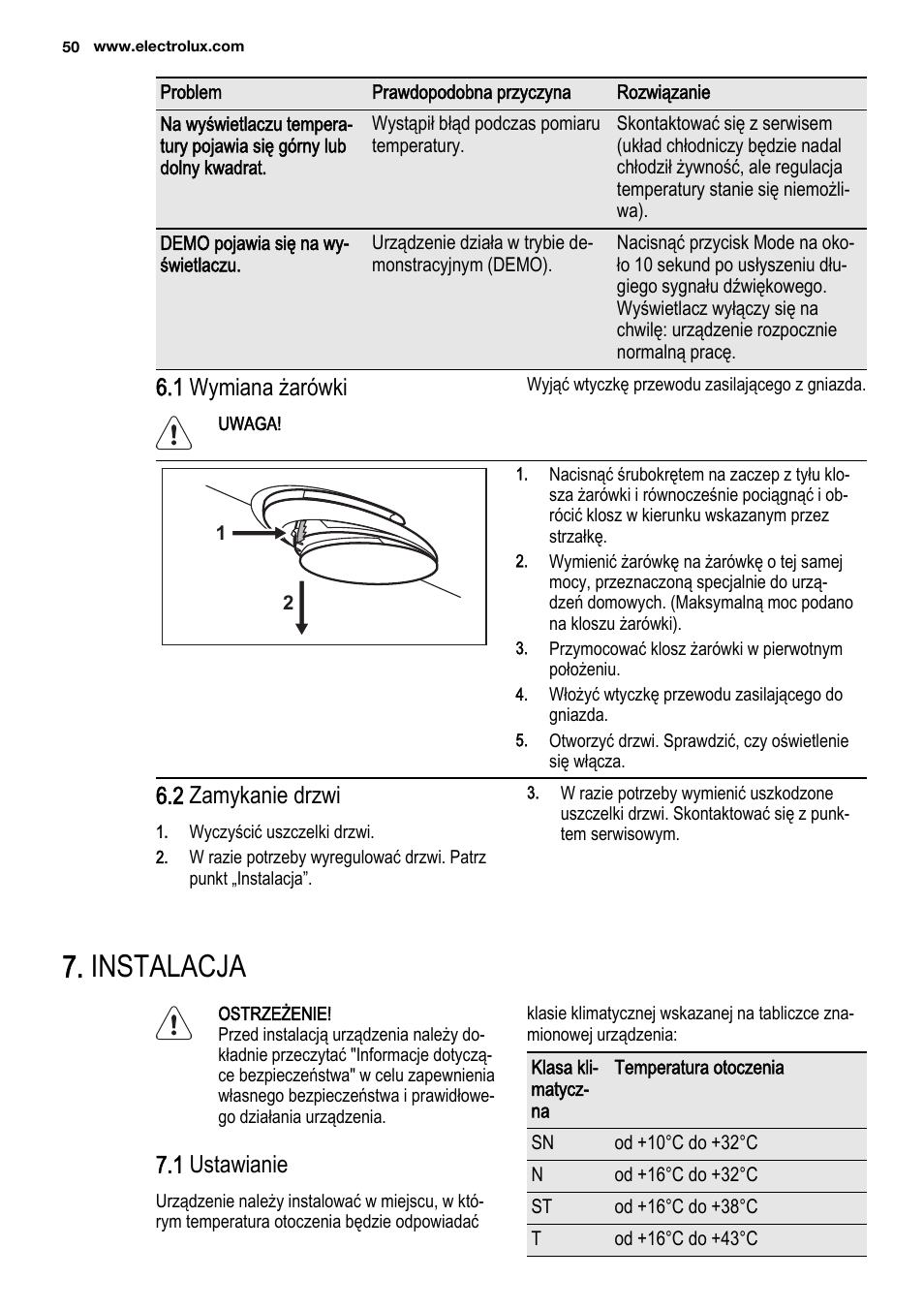 Instalacja, 1 wymiana żarówki, 2 zamykanie drzwi | 1 ustawianie | Electrolux ENF4451AOX User Manual | Page 50 / 76