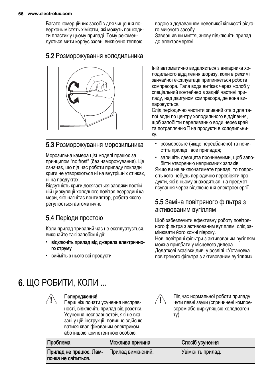 Що робити, коли, 2 розморожування холодильника, 3 розморожування морозильника | 4 періоди простою | Electrolux ENF4451AOX User Manual | Page 66 / 76