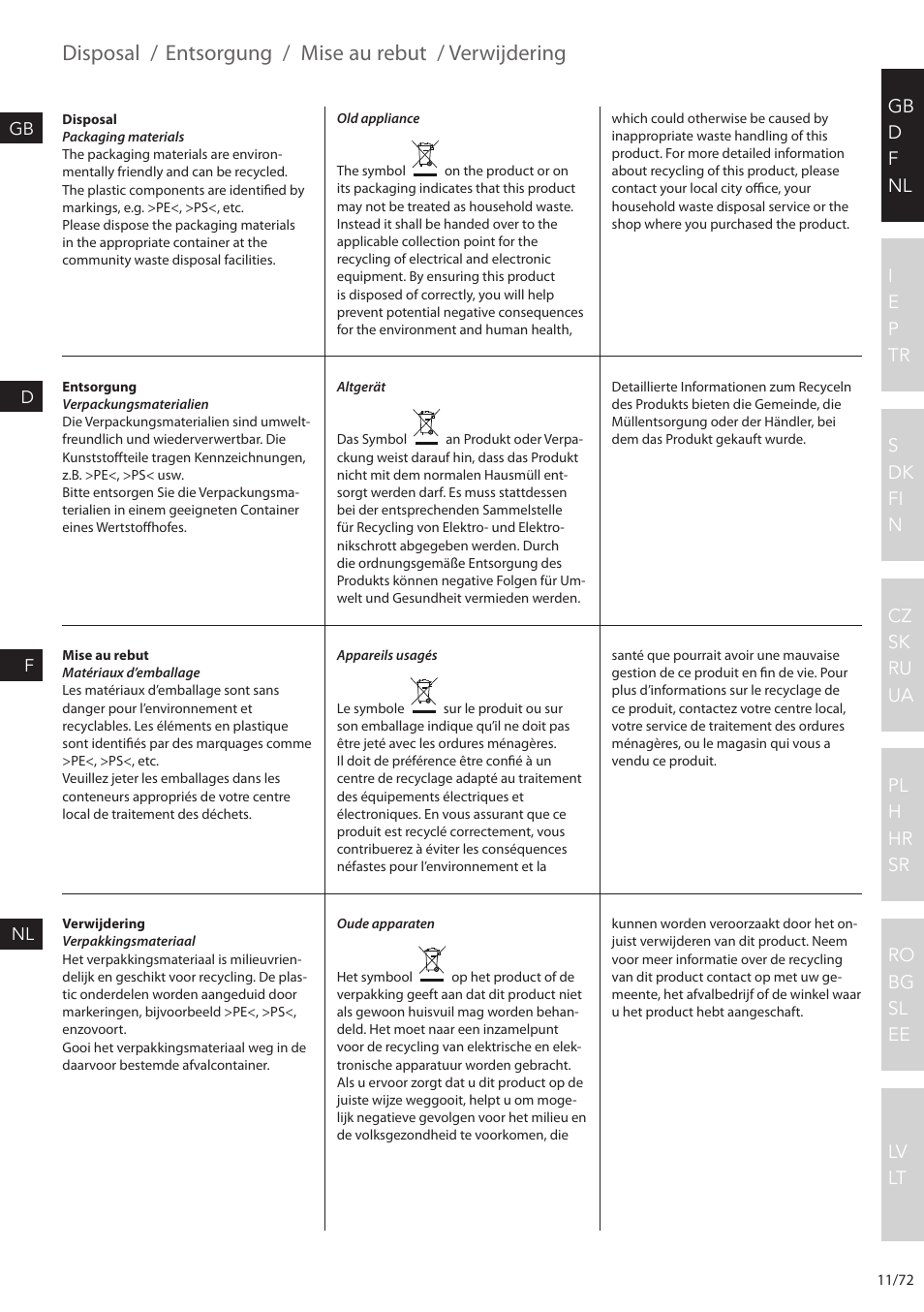 Disposal, Entsorgung, Mise au rebut | Verwijdering | Electrolux EEWA7500 User Manual | Page 11 / 72