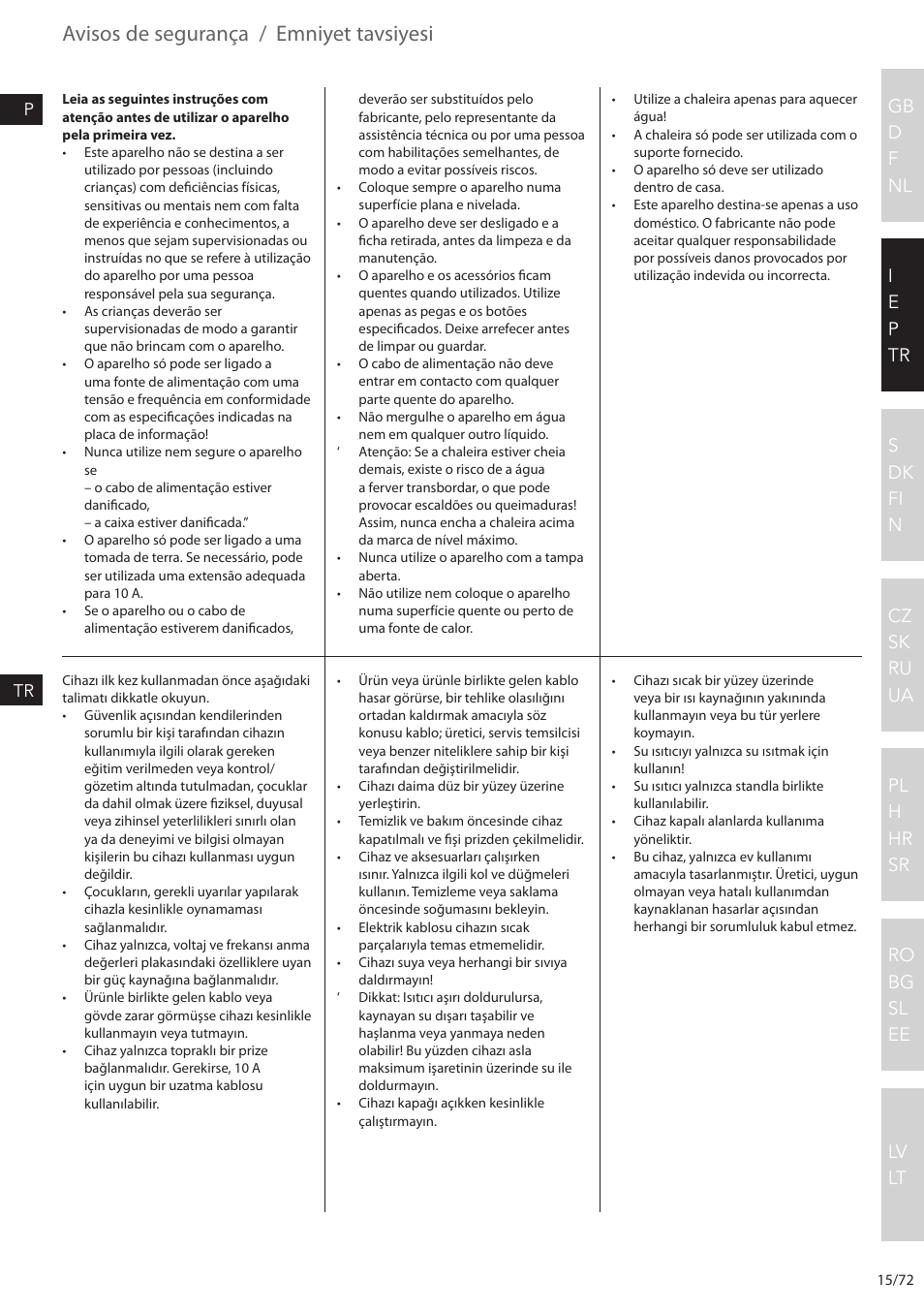 Avisos de segurança, Emniyet tavsiyesi | Electrolux EEWA7500 User Manual | Page 15 / 72