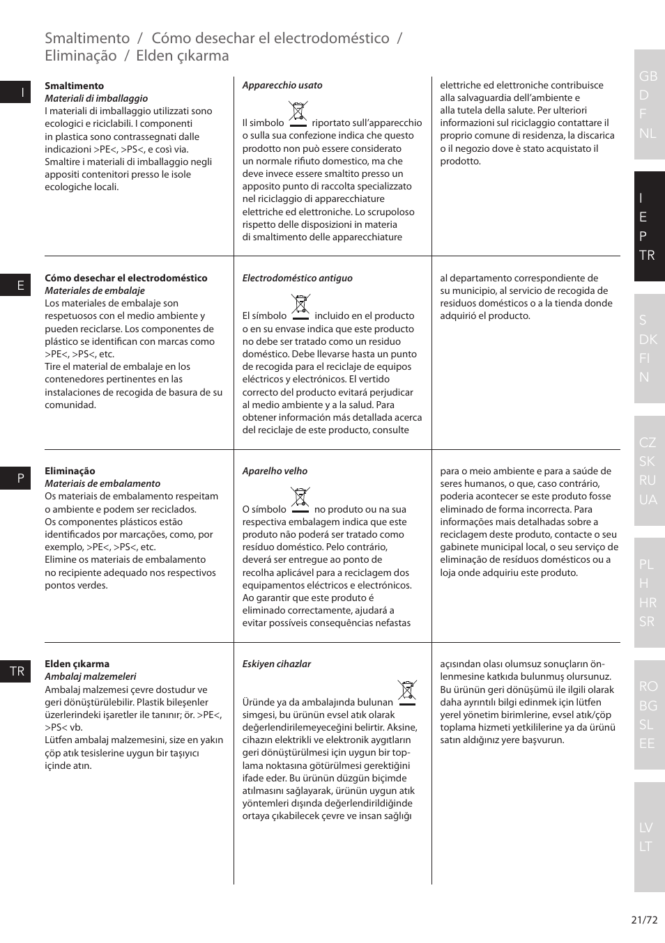 Smaltimento, Cómo desechar el electrodoméstico, Eliminação | Elden çıkarma | Electrolux EEWA7500 User Manual | Page 21 / 72