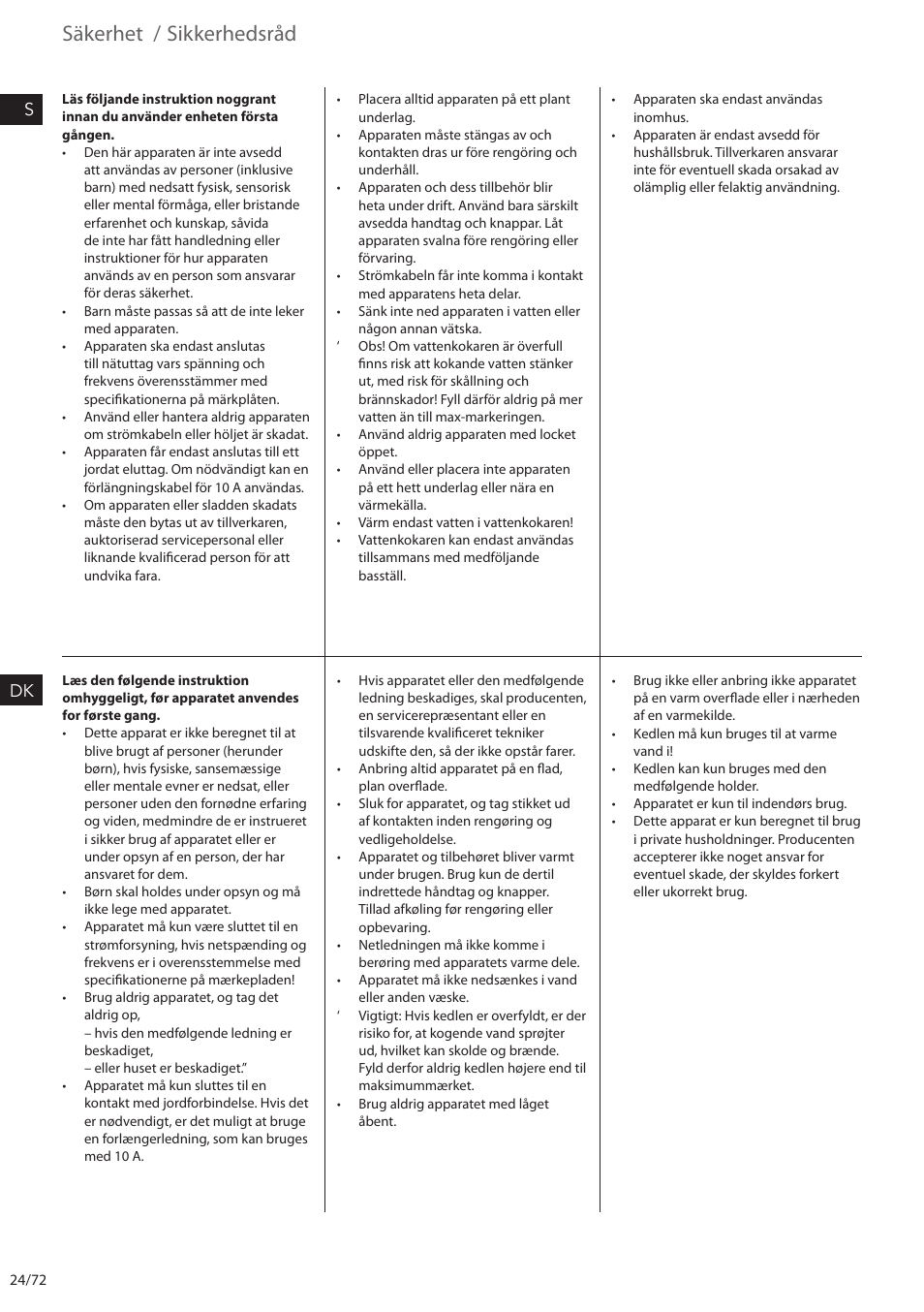 Säkerhet, Sikkerhedsråd | Electrolux EEWA7500 User Manual | Page 24 / 72