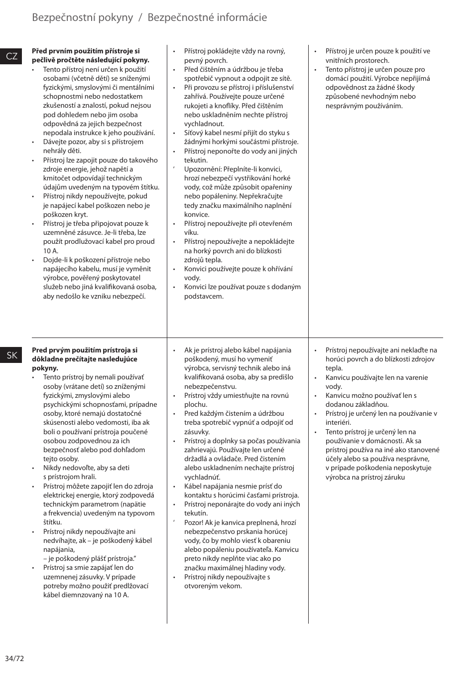 Bezpečnostní pokyny, Bezpečnostné informácie, Cz sk | Electrolux EEWA7500 User Manual | Page 34 / 72