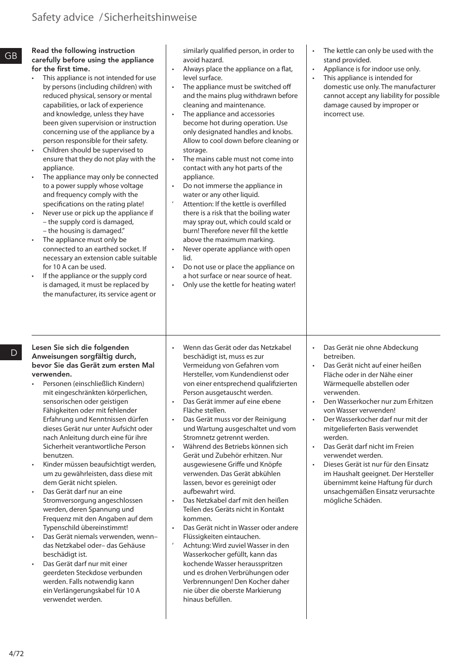 Safety advice /sicherheitshinweise, Gb d | Electrolux EEWA7500 User Manual | Page 4 / 72