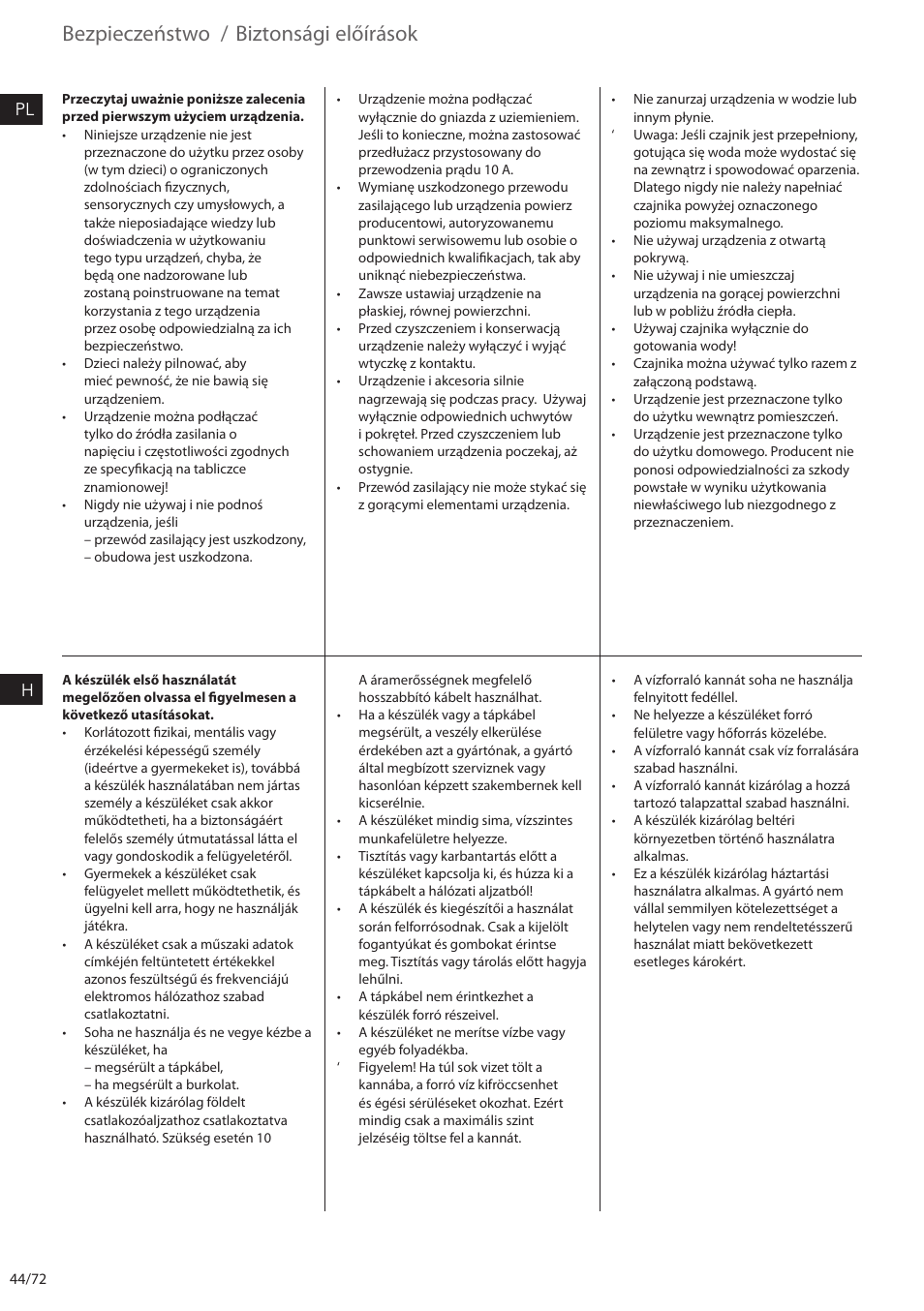 Bezpieczeństwo, Biztonsági előírások, Pl h | Electrolux EEWA7500 User Manual | Page 44 / 72