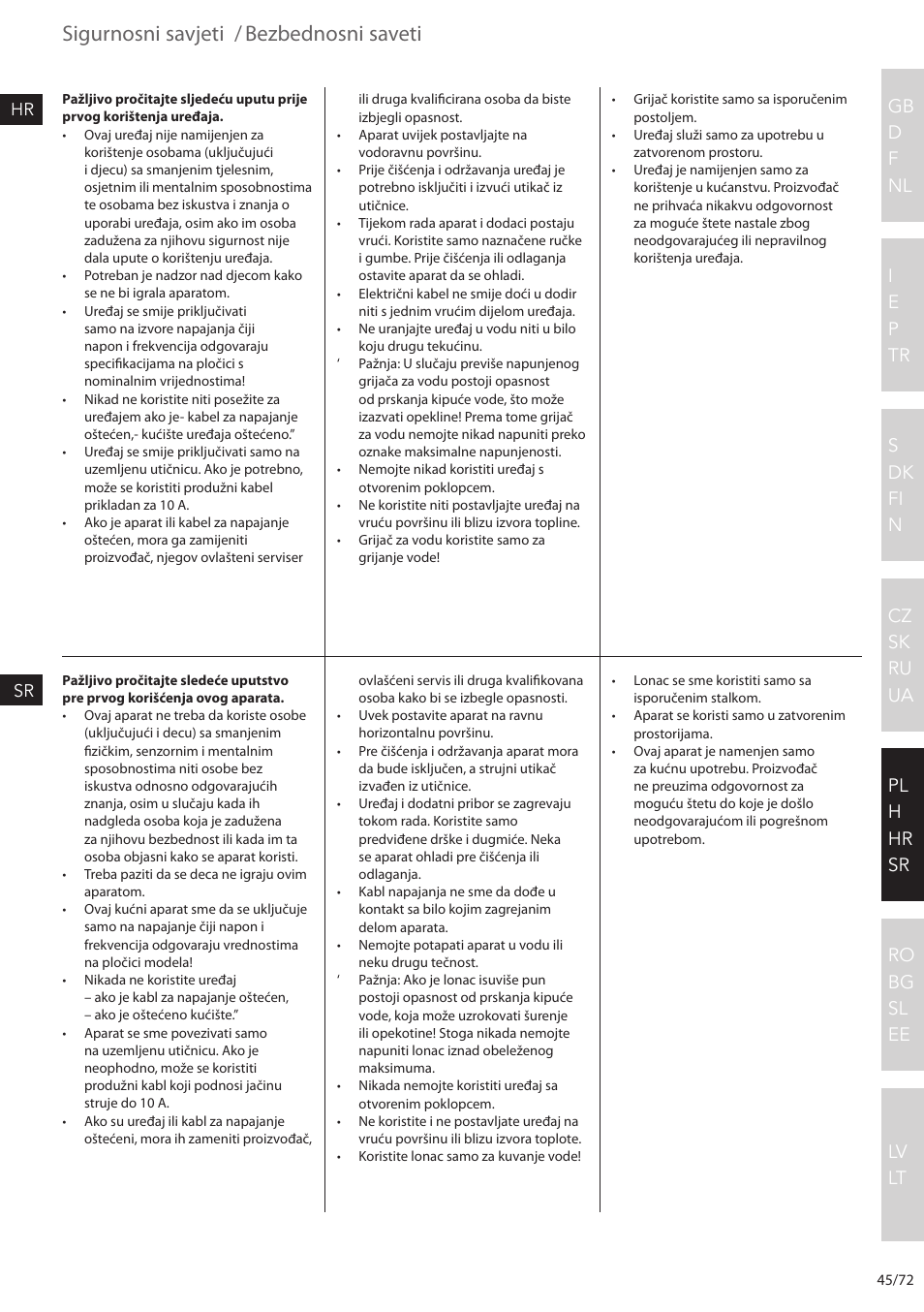 Sigurnosni savjeti, Bezbednosni saveti | Electrolux EEWA7500 User Manual | Page 45 / 72