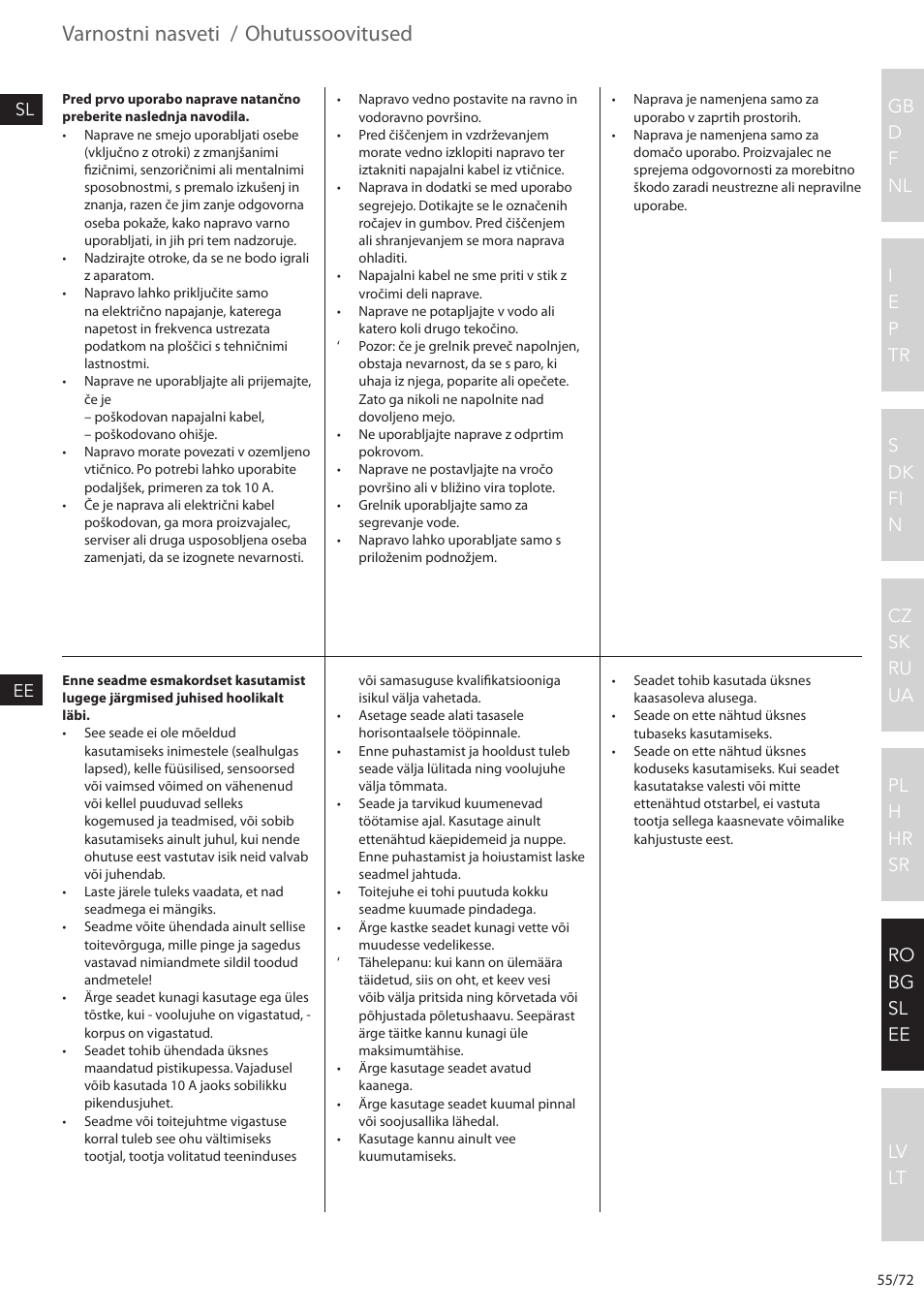 Varnostni nasveti, Ohutussoovitused | Electrolux EEWA7500 User Manual | Page 55 / 72