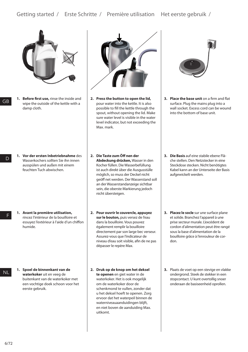 Getting started / erste schritte, Première utilisation, Het eerste gebruik | Electrolux EEWA7500 User Manual | Page 6 / 72