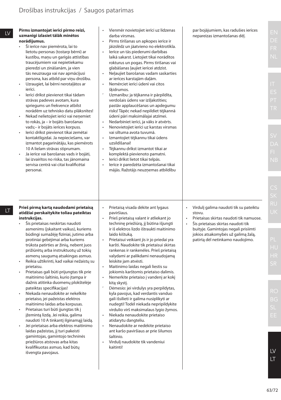 Drošības instrukcijas, Saugos patarimas | Electrolux EEWA7500 User Manual | Page 63 / 72
