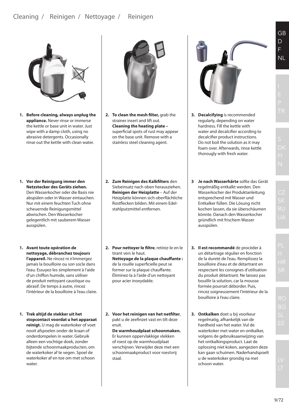 Cleaning, Reinigen, Nettoyage | Electrolux EEWA7500 User Manual | Page 9 / 72