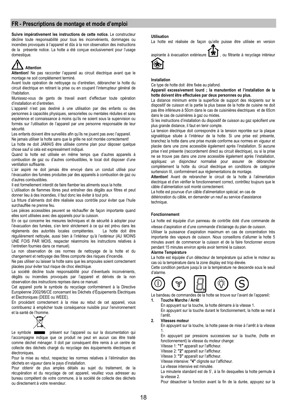 Fr - prescriptions de montage et mode d’emploi | Electrolux EFA90600X User Manual | Page 18 / 84