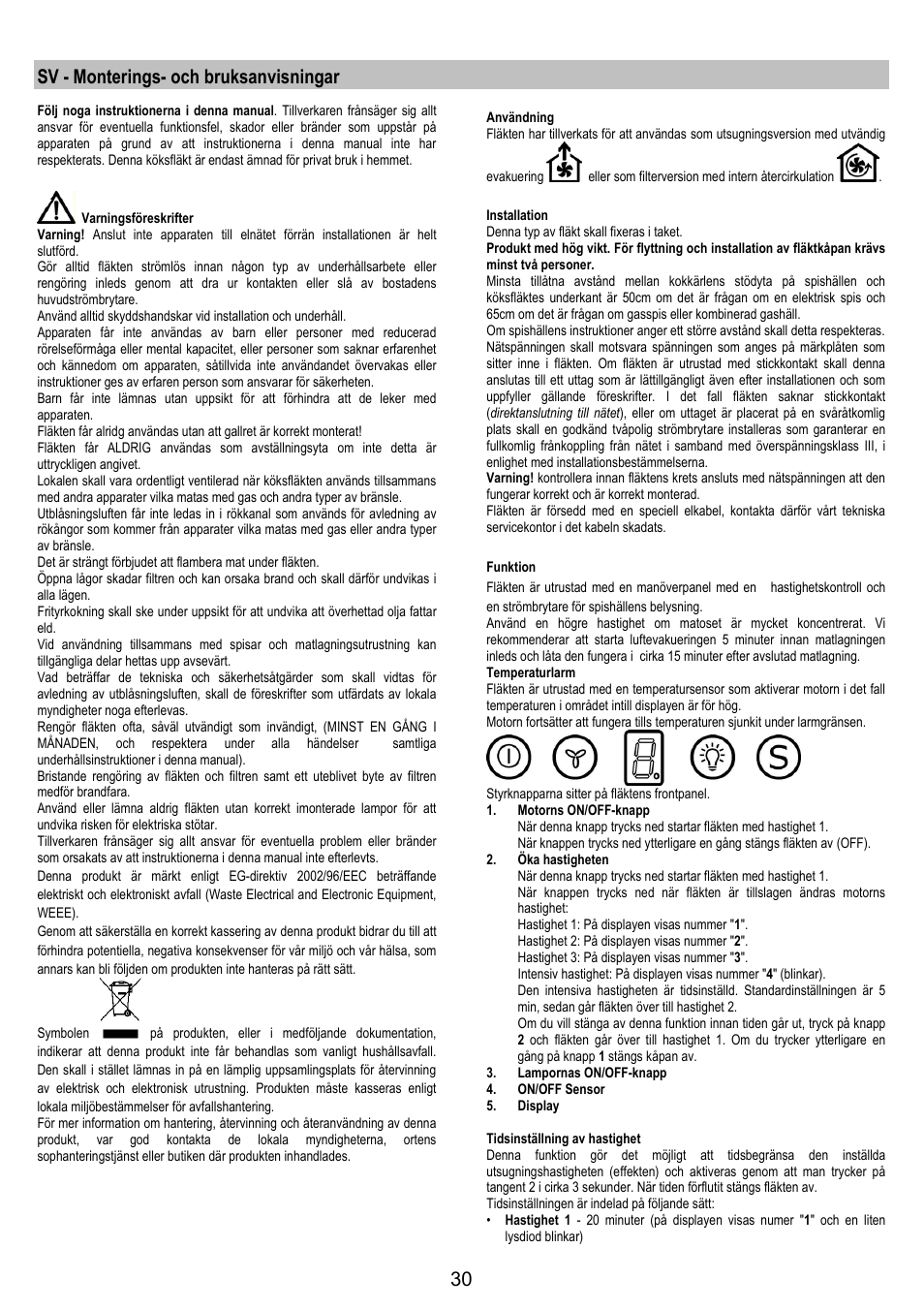 Sv - monterings- och bruksanvisningar | Electrolux EFA90600X User Manual | Page 30 / 84