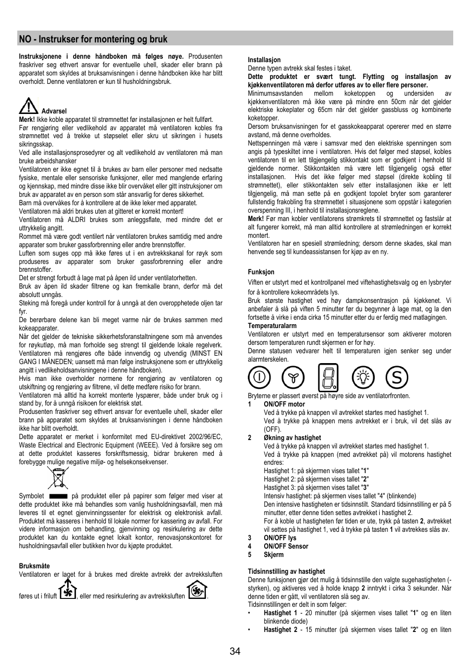 No - instrukser for montering og bruk | Electrolux EFA90600X User Manual | Page 34 / 84