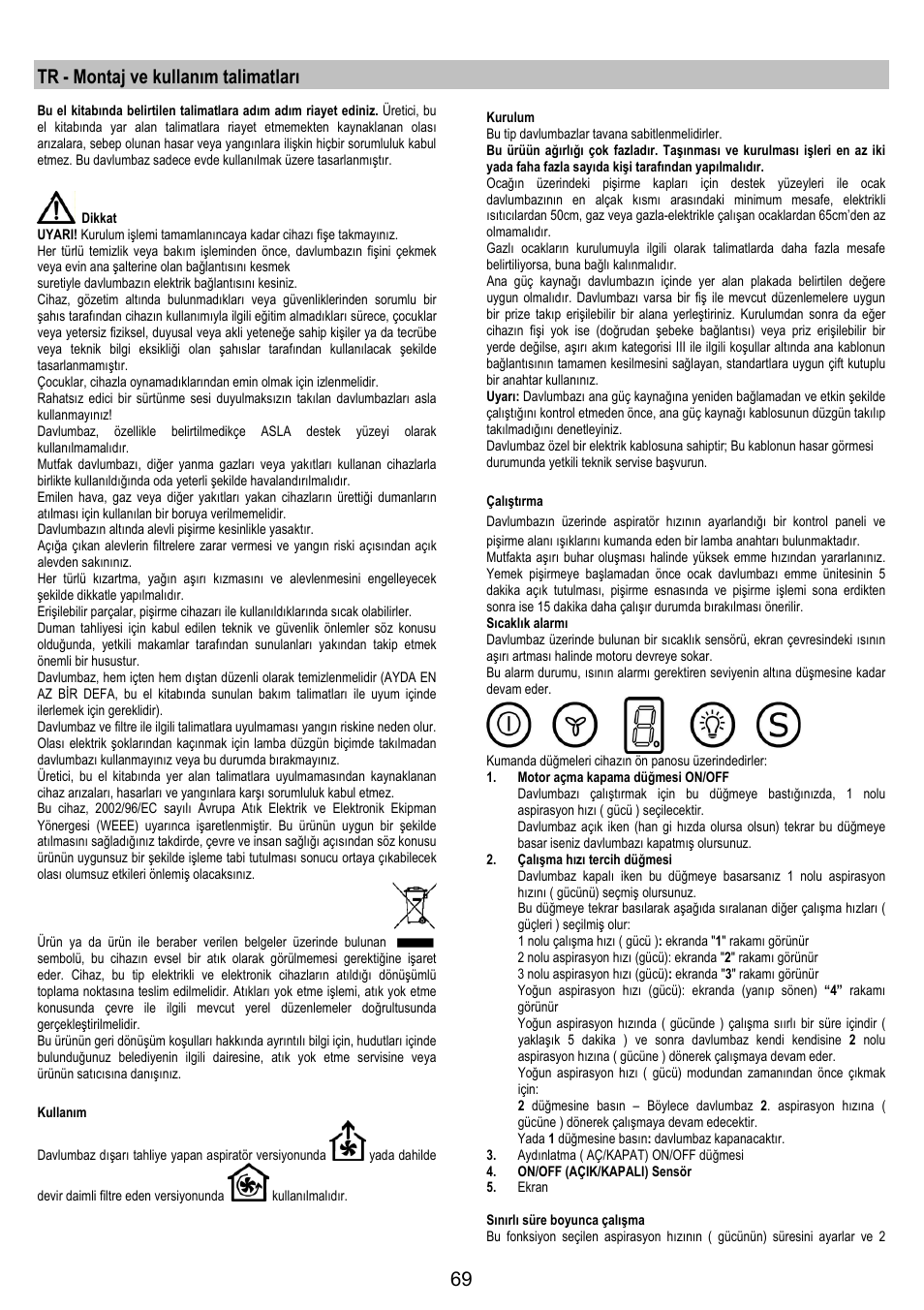 Tr - montaj ve kullanım talimatları | Electrolux EFA90600X User Manual | Page 69 / 84