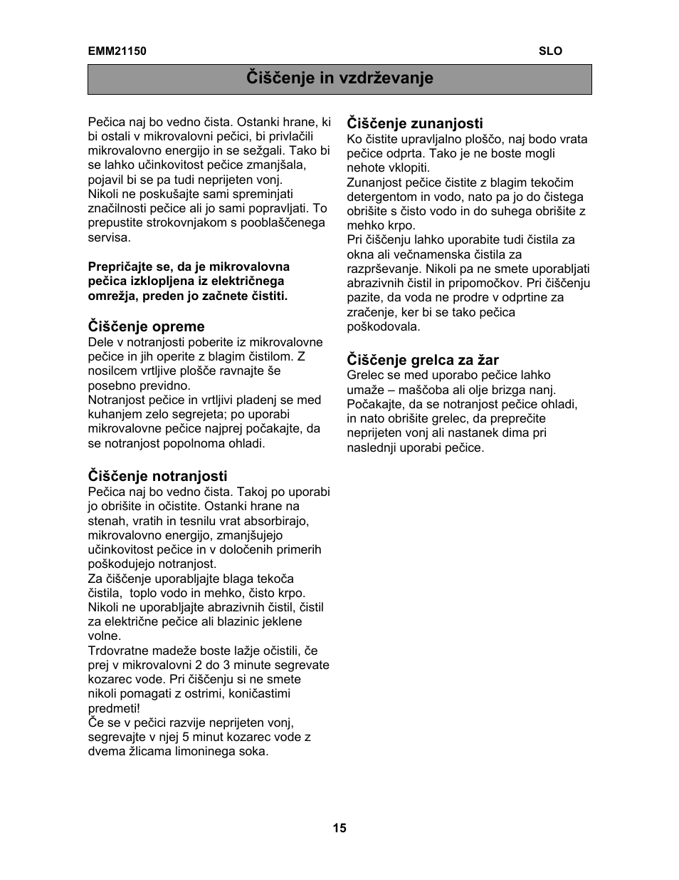 Čiščenje in vzdrževanje | Electrolux EMM21150W User Manual | Page 104 / 180