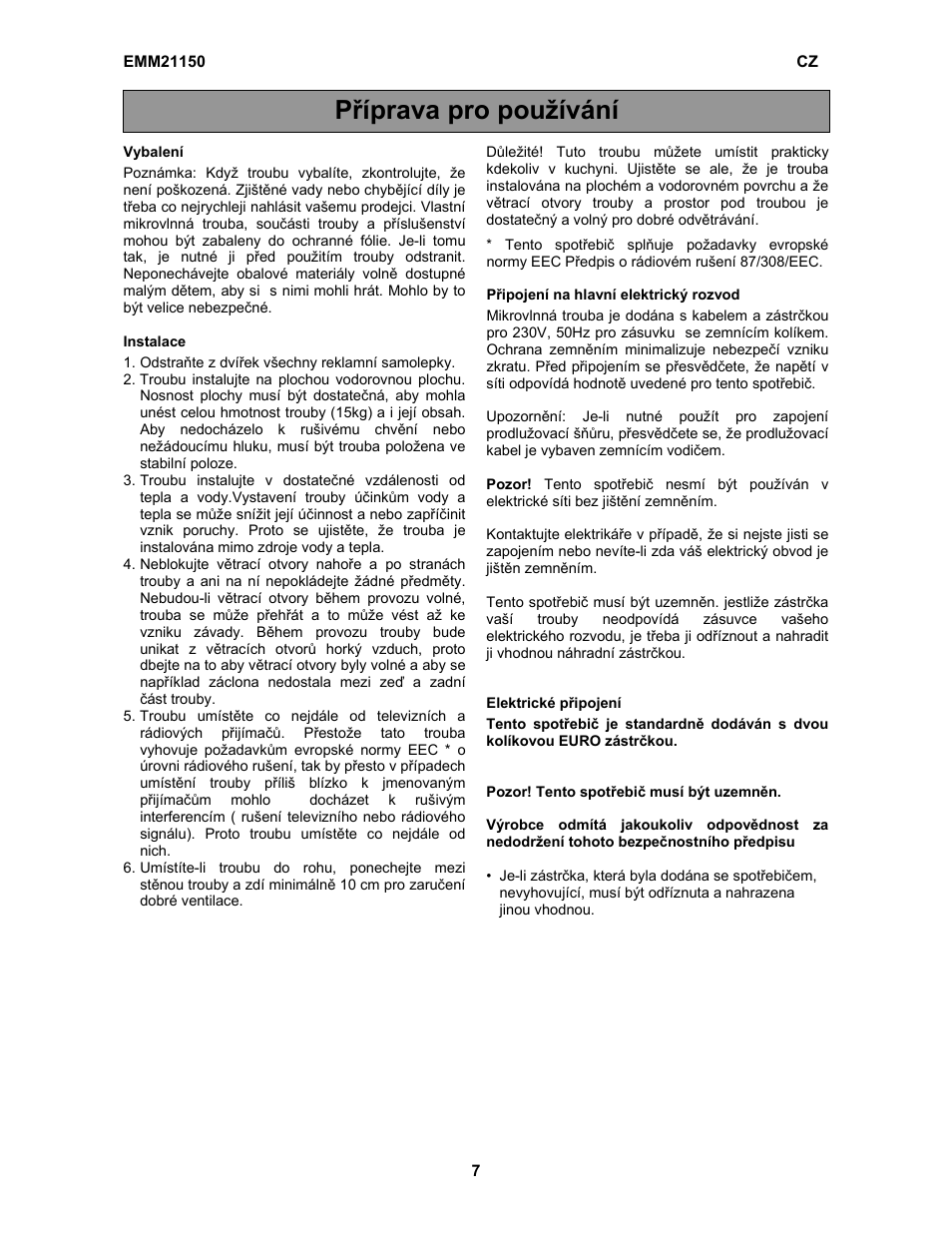 Příprava pro používání | Electrolux EMM21150W User Manual | Page 126 / 180