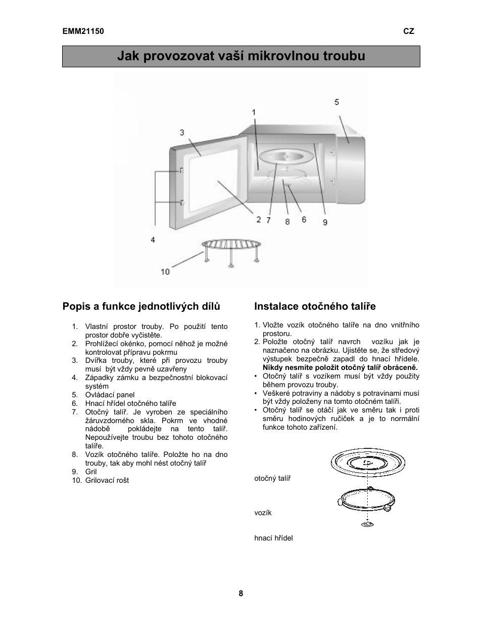 Jak provozovat vaší mikrovlnou troubu, Popis a funkce jednotlivých dílů, Instalace otočného talíře | Electrolux EMM21150W User Manual | Page 127 / 180
