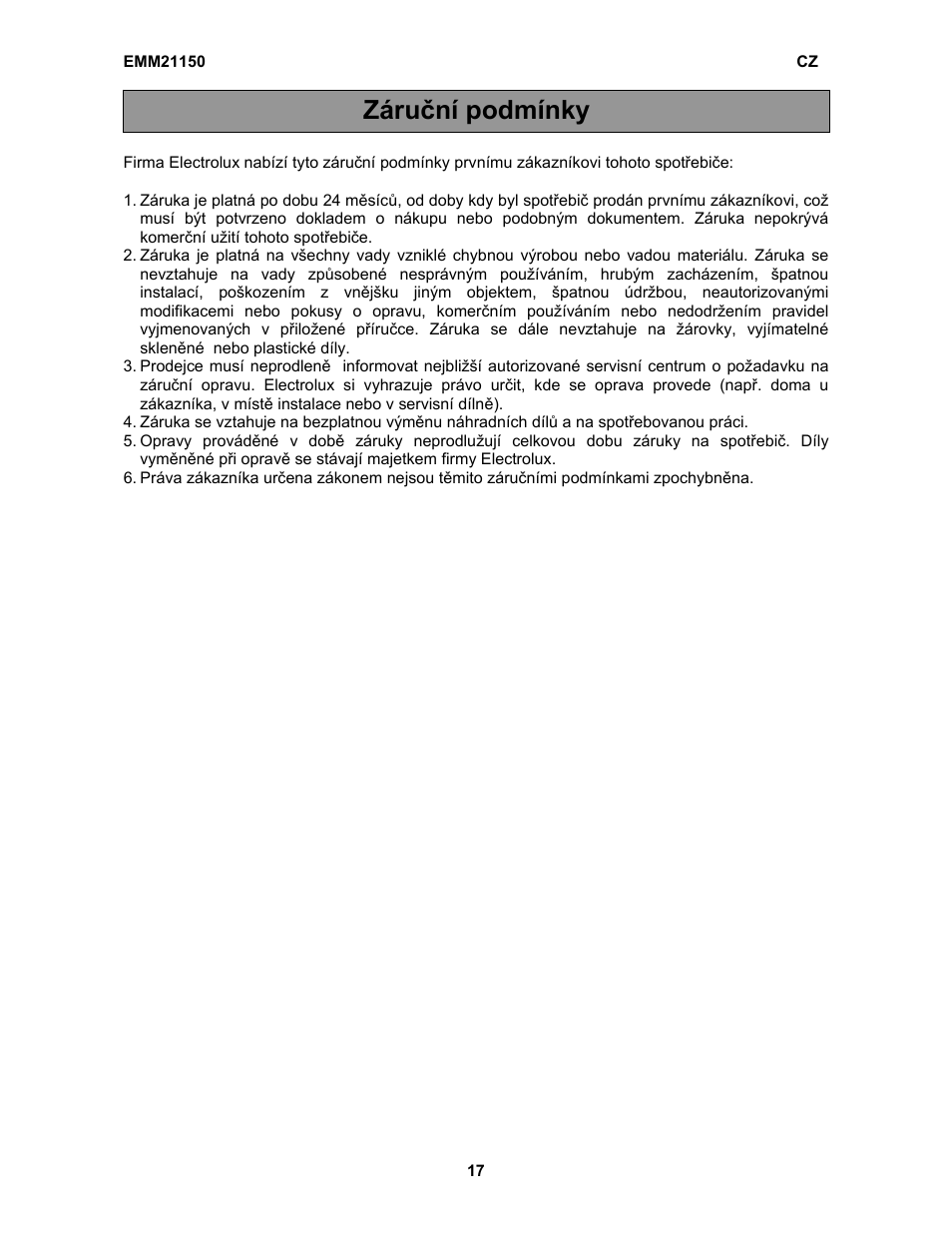 Záruční podmínky | Electrolux EMM21150W User Manual | Page 136 / 180